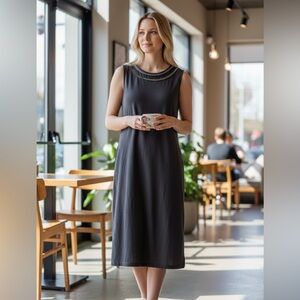 Talbots Women's Classic Black Sleeveless Slub Knit Sheath Dress 100% Cotton Sz L